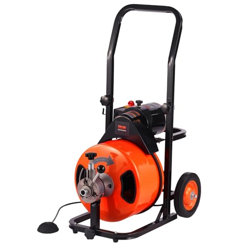 100FT x 3/4 Inch Drain Cleaning Machine Sewer Auger Auto Feed with 4 Cutter & Air-activated Foot Switch S638401