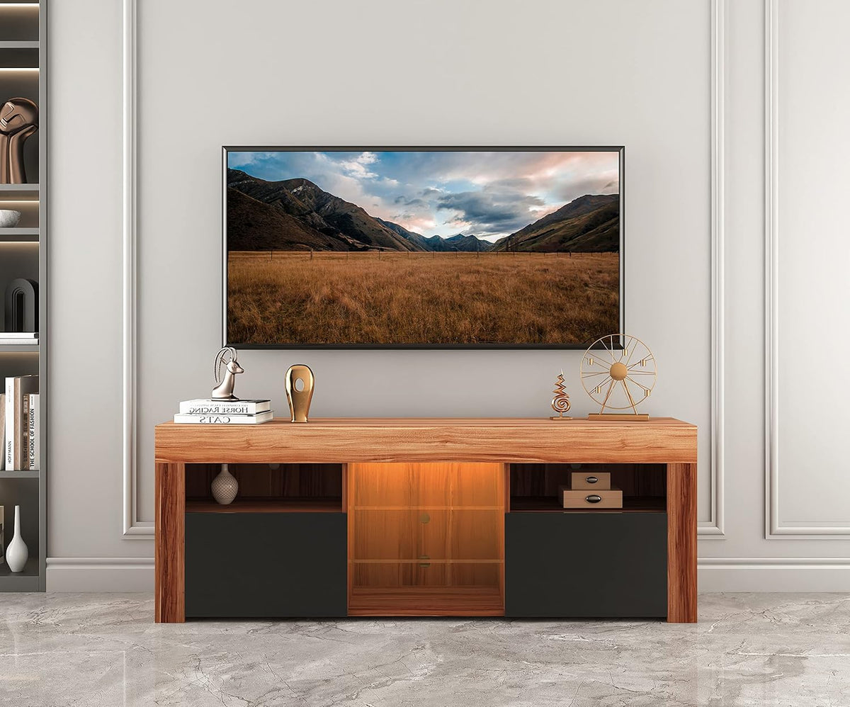 White and Black TV Stand with LED Lights and Storage Cabinet Z661477