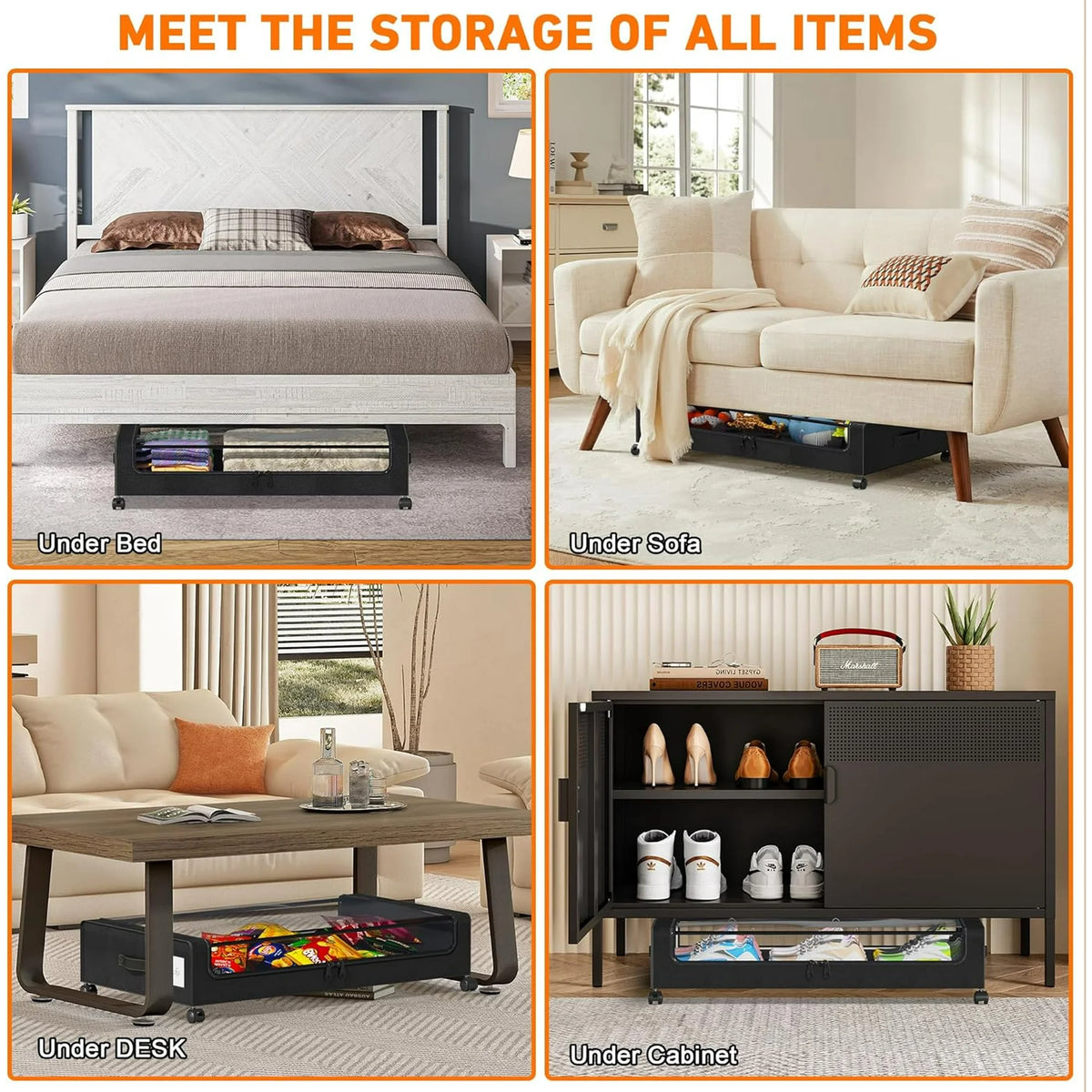 2-Pack Black Under Bed Storage Bins with Wheels and Clear Lids X8466