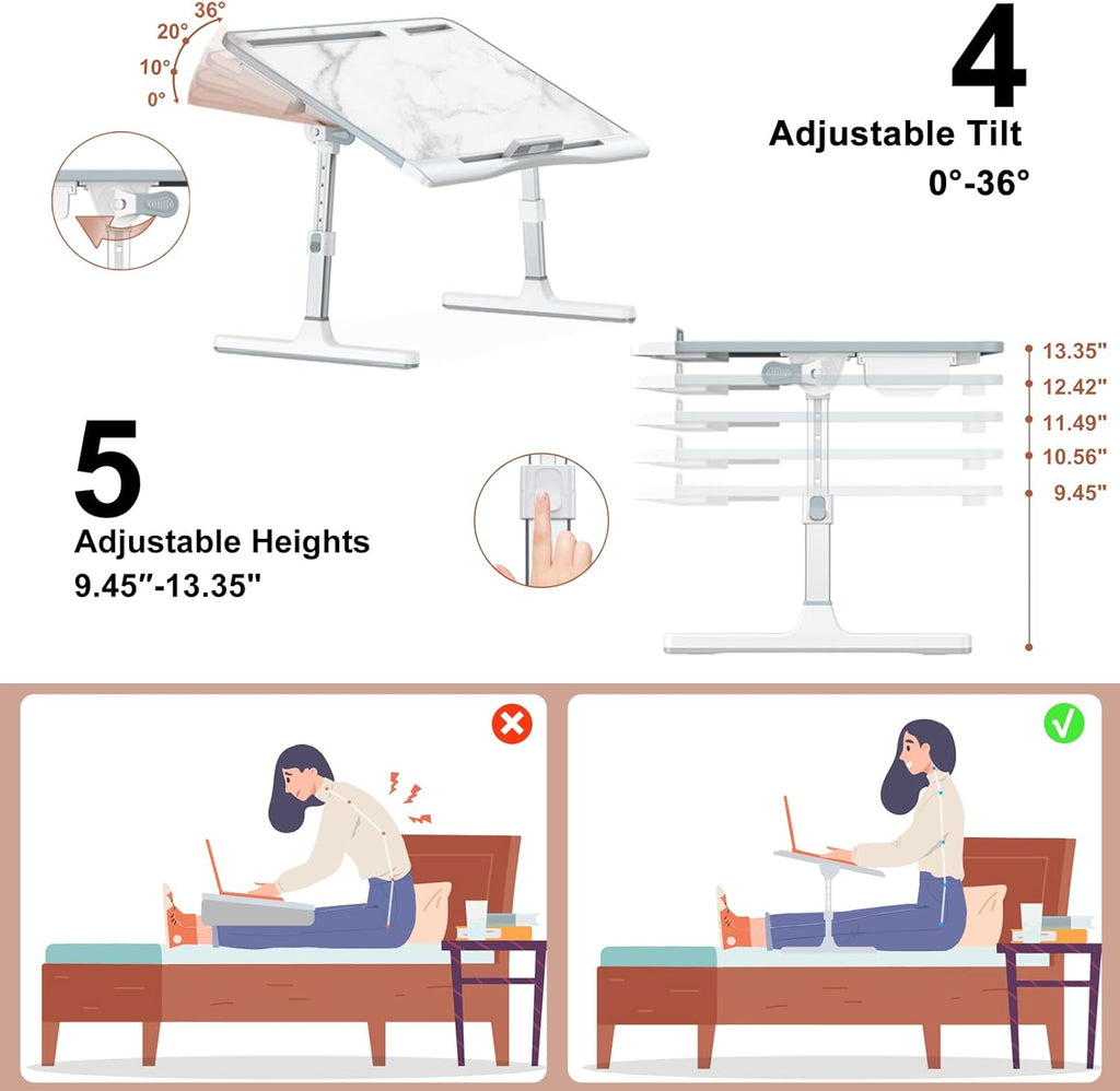 X-Large Marble and Grey Adjustable Folding Lap Desk Tray with Drawer L16922