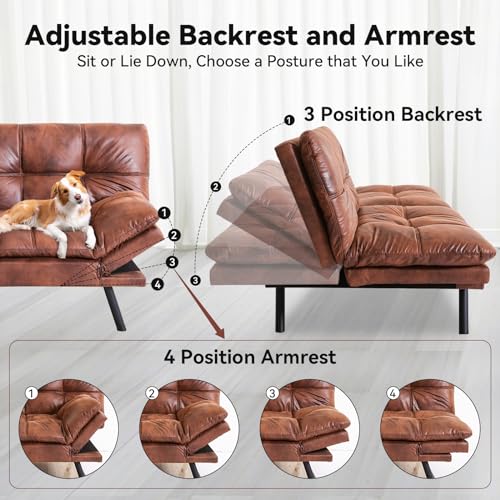 Brown Faux Leather Memory Foam Futon Sofa Bed O62782
