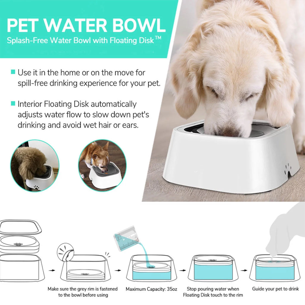 35OZ No-Spill Slow Water Feeder Dog Bowl GREY T7002