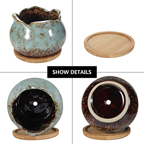 4 Inch Ceramic Plant Pots with Bamboo Tray, Pack of 6 Y972894