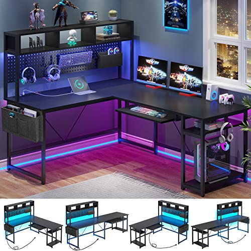 Black L Shaped Gaming Desk with Power Outlet and Pegboard Z545748