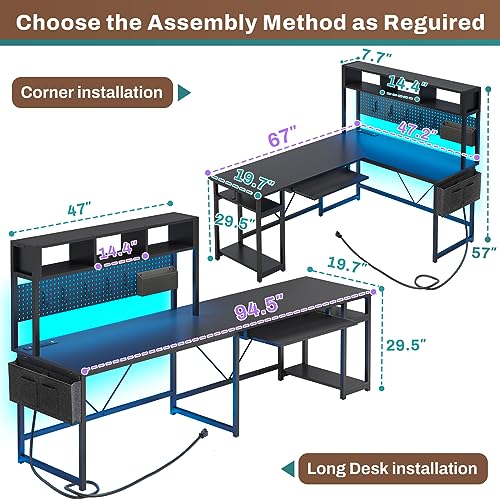 Black L Shaped Gaming Desk with Power Outlet and Pegboard Z545748