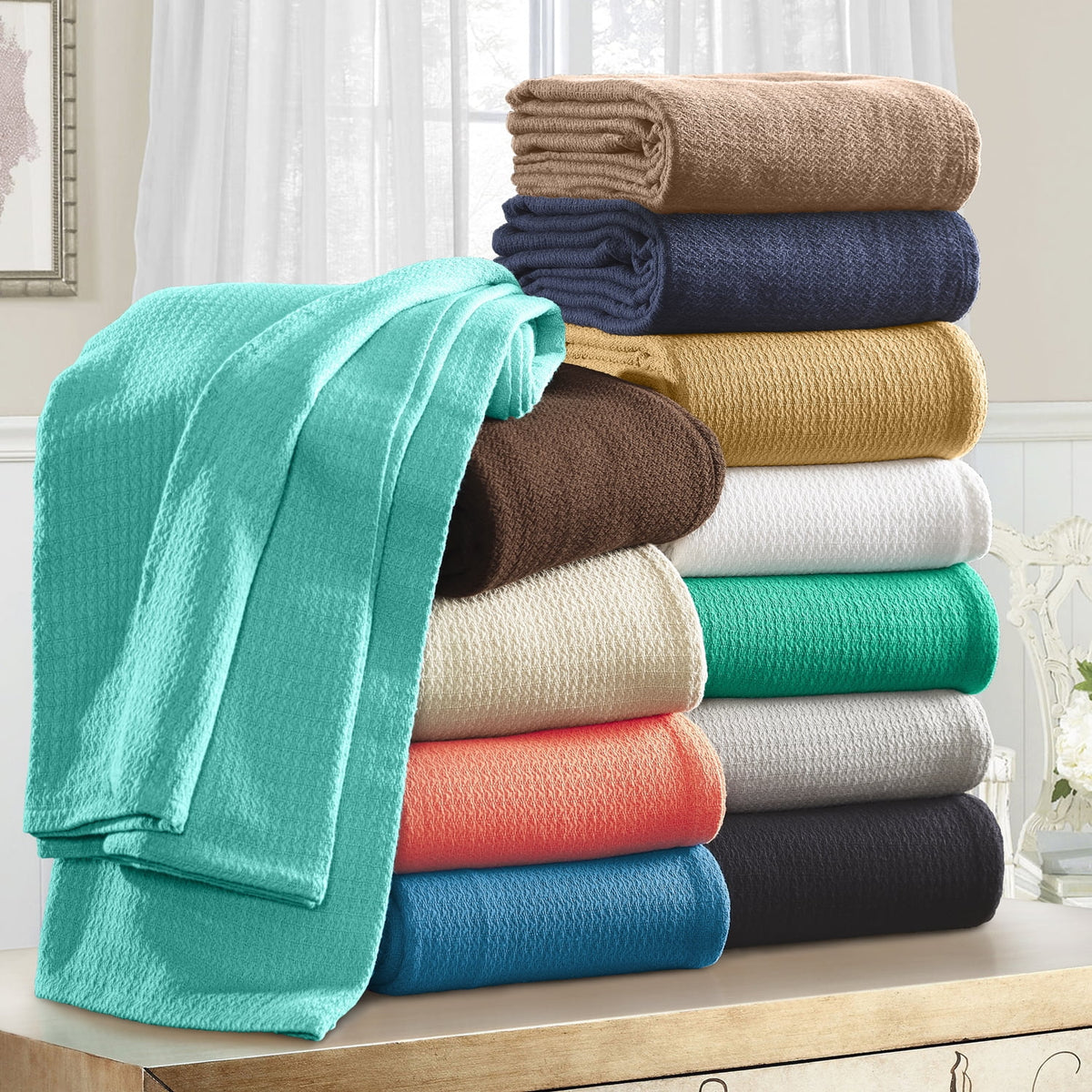 Ivory Waffle Weave Knit Cotton Blanket Twin Twin XL V206