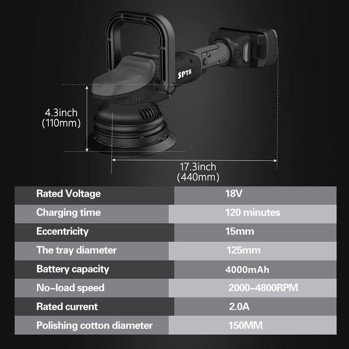 18V Cordless Car Polisher 15mm Orbit 7 Variable Speed U7639