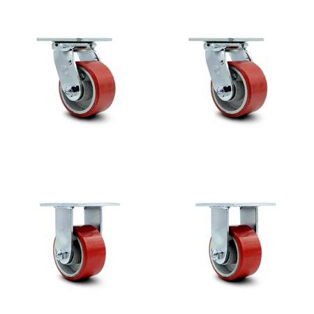 Polyurethane Wheel Caster Set Red on Silver 2 Swivel/2 Rigid Non Marking S195