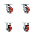 Polyurethane Wheel Caster Set Red on Silver 2 Swivel/2 Rigid Non Marking S195