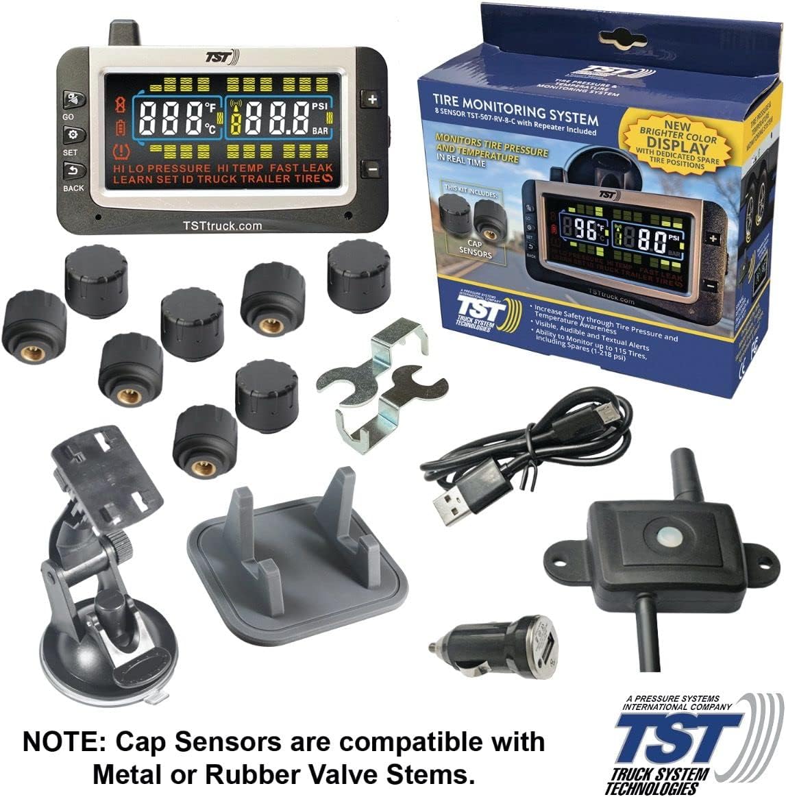 8 RV Cap Sensor TPMS with Color Display and Repeater T9082