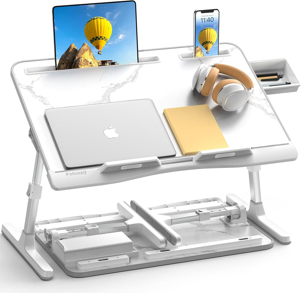 X-Large Marble and Grey Adjustable Folding Lap Desk Tray with Drawer L16922