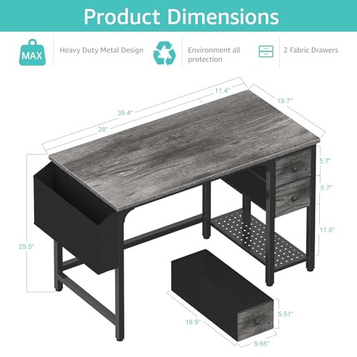 Black 40 Inch Reversible Computer Desk with Fabric Drawers B8365