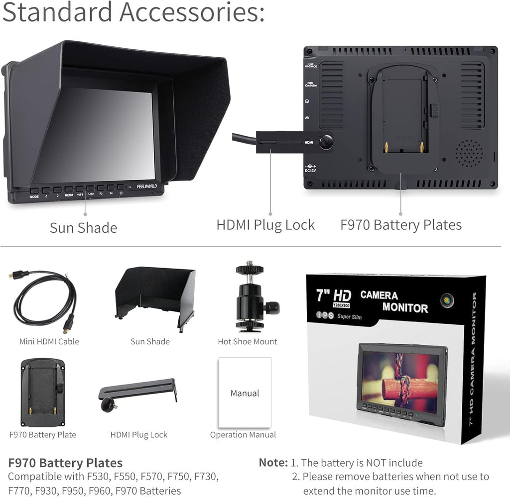 7 Inch DSLR Camera Field Monitor IPS 1280x800 4K HDMI with Sunshade C890393