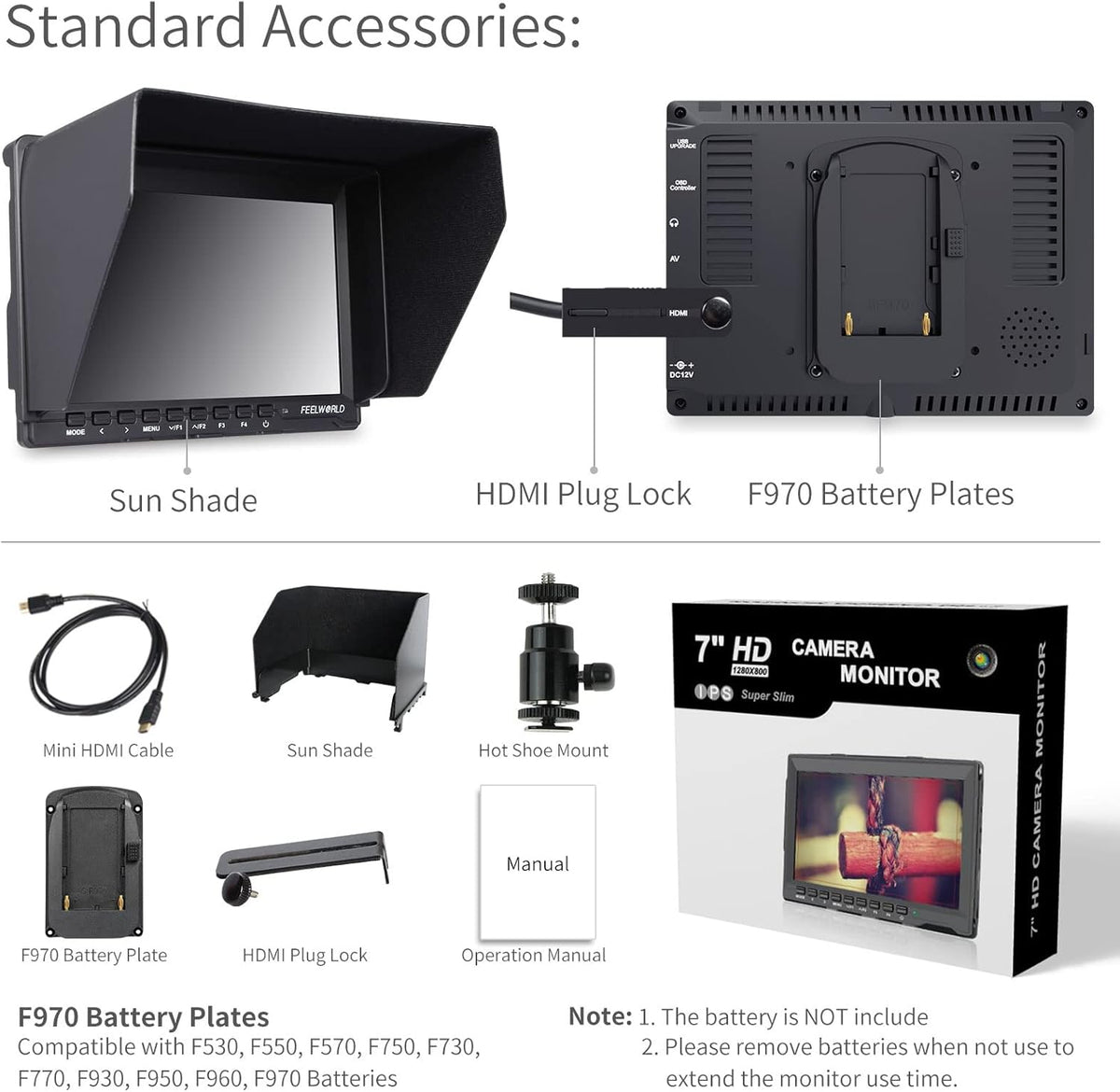 7 Inch DSLR Camera Field Monitor IPS 1280x800 4K HDMI with Sunshade C890393