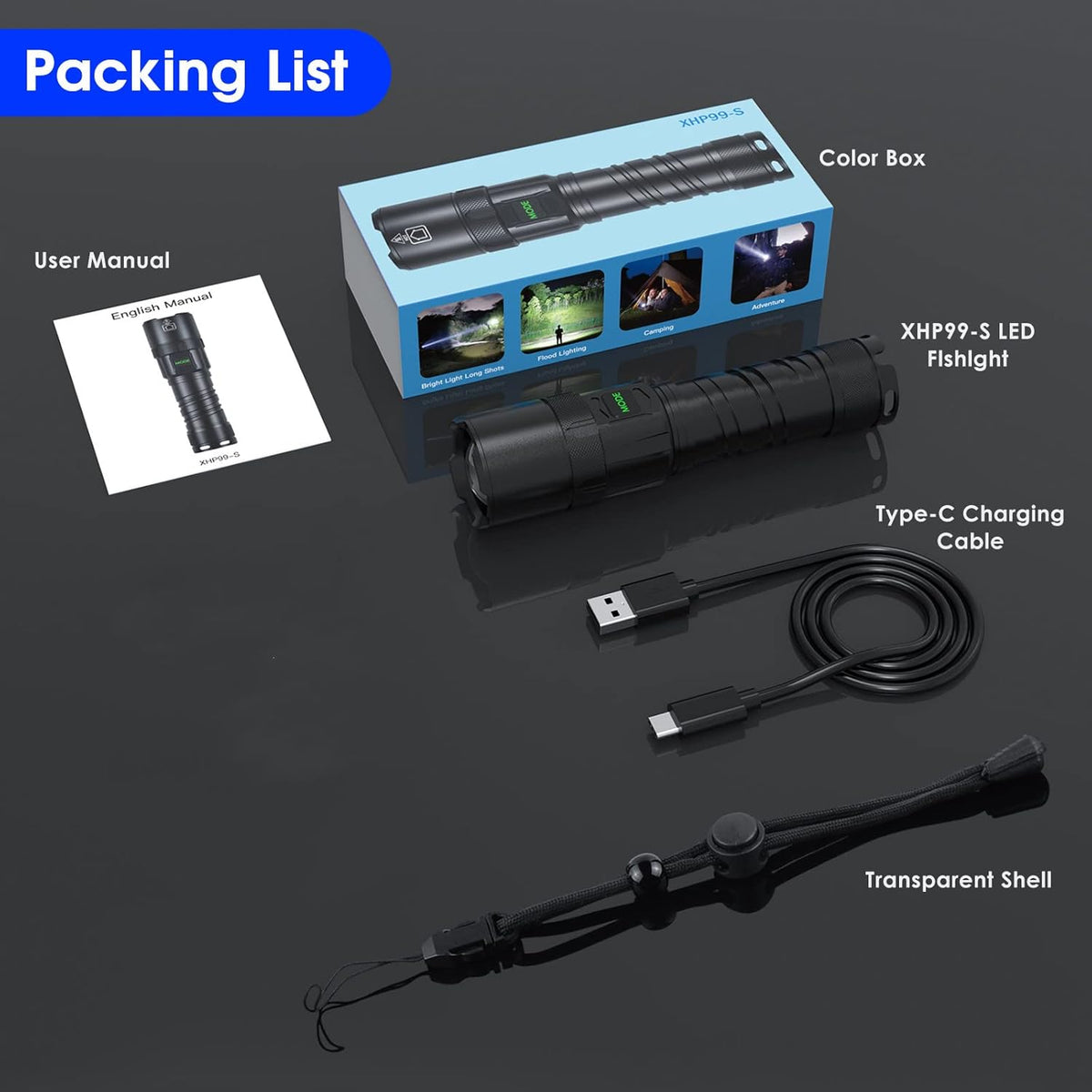 Rechargeable LED Flashlight 100000 High Lumens 5 Modes Zoomable IPX6 Waterproof D908