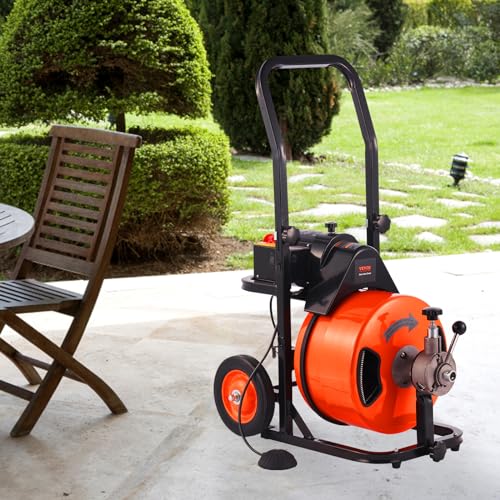 100FT x 3/4 Inch Drain Cleaning Machine Sewer Auger Auto Feed with 4 Cutter & Air-activated Foot Switch S638401