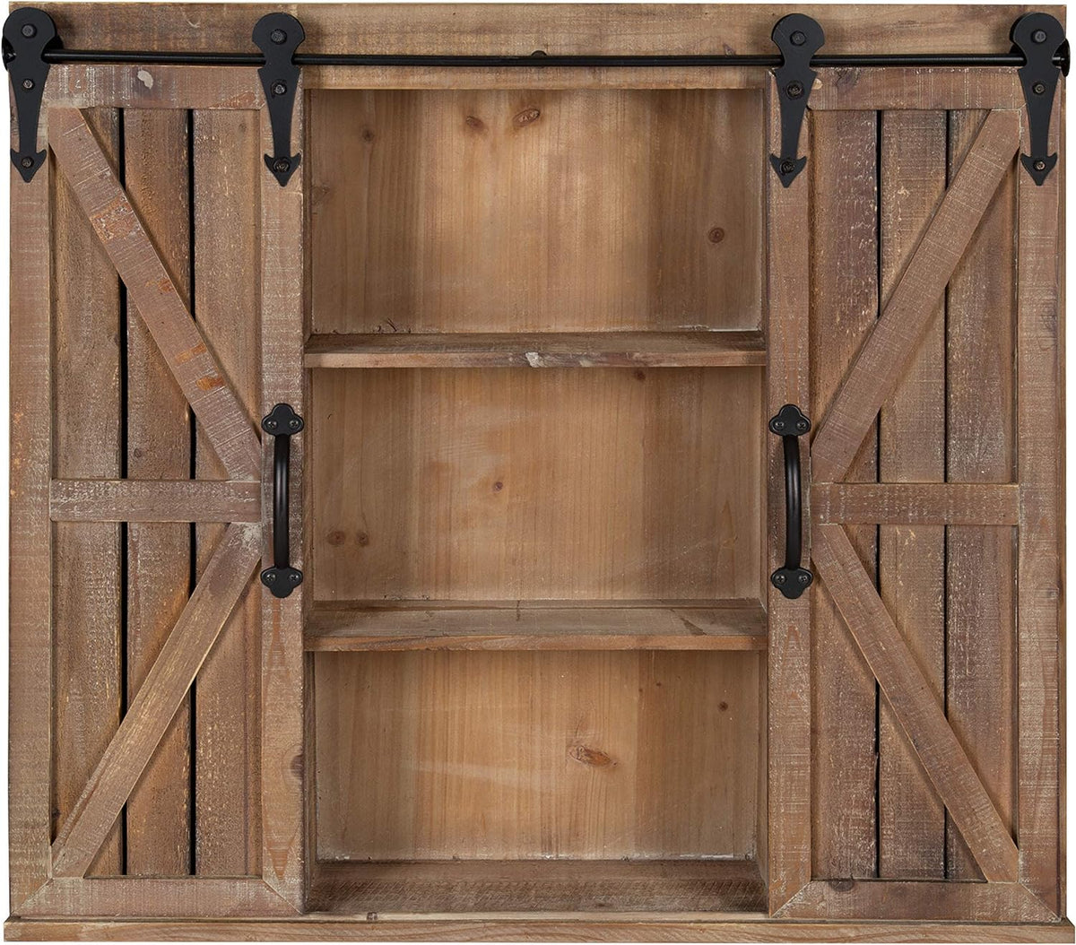 Rustic White Wood Wall Storage Cabinet with Two Sliding Barn Doors G7863