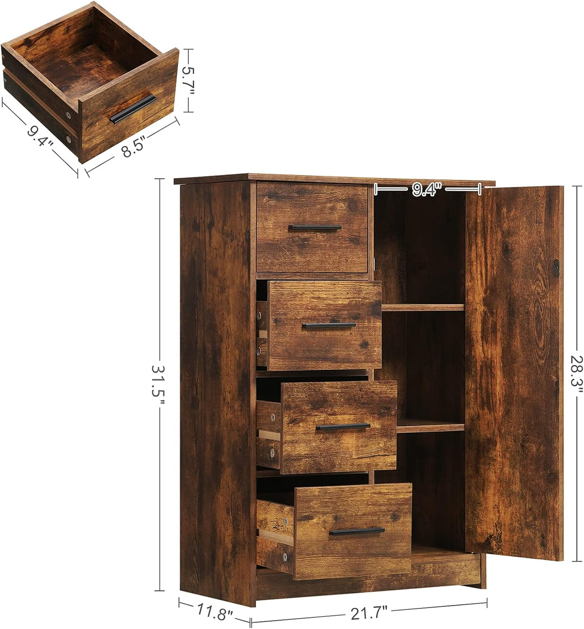 Rustic Brown Bathroom Storage Cabinet with 4 Drawers and Adjustable Shelf T83647