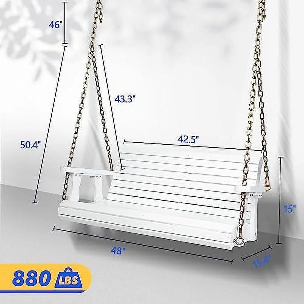 White 5 FT Wooden Porch Swing Bench with Hanging Chains X27462