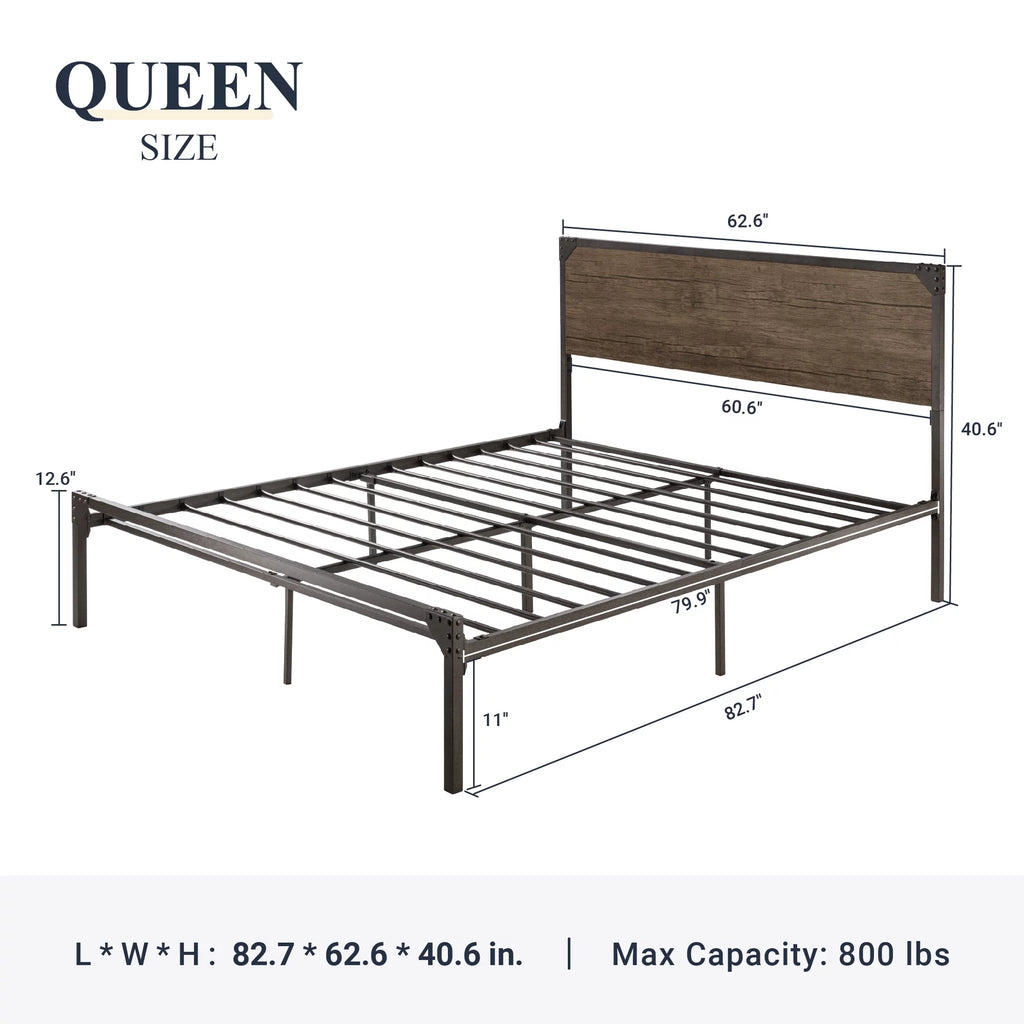 Queen Size Brown Metal Platform Bed Frame with Wooden Headboard M7191