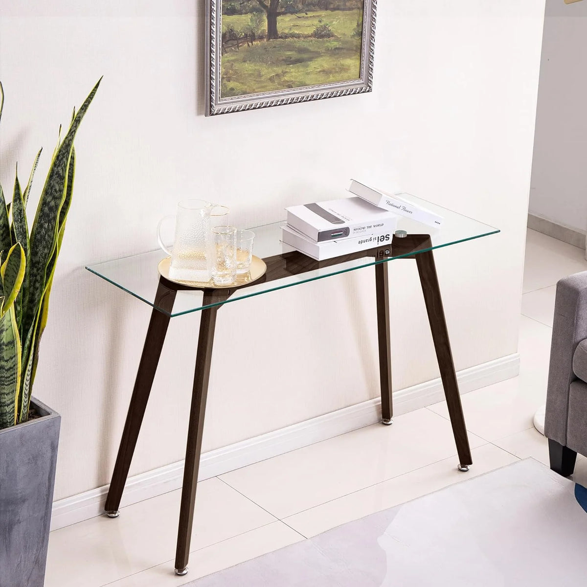 Glass Console Table with Solid Wood Legs H9598