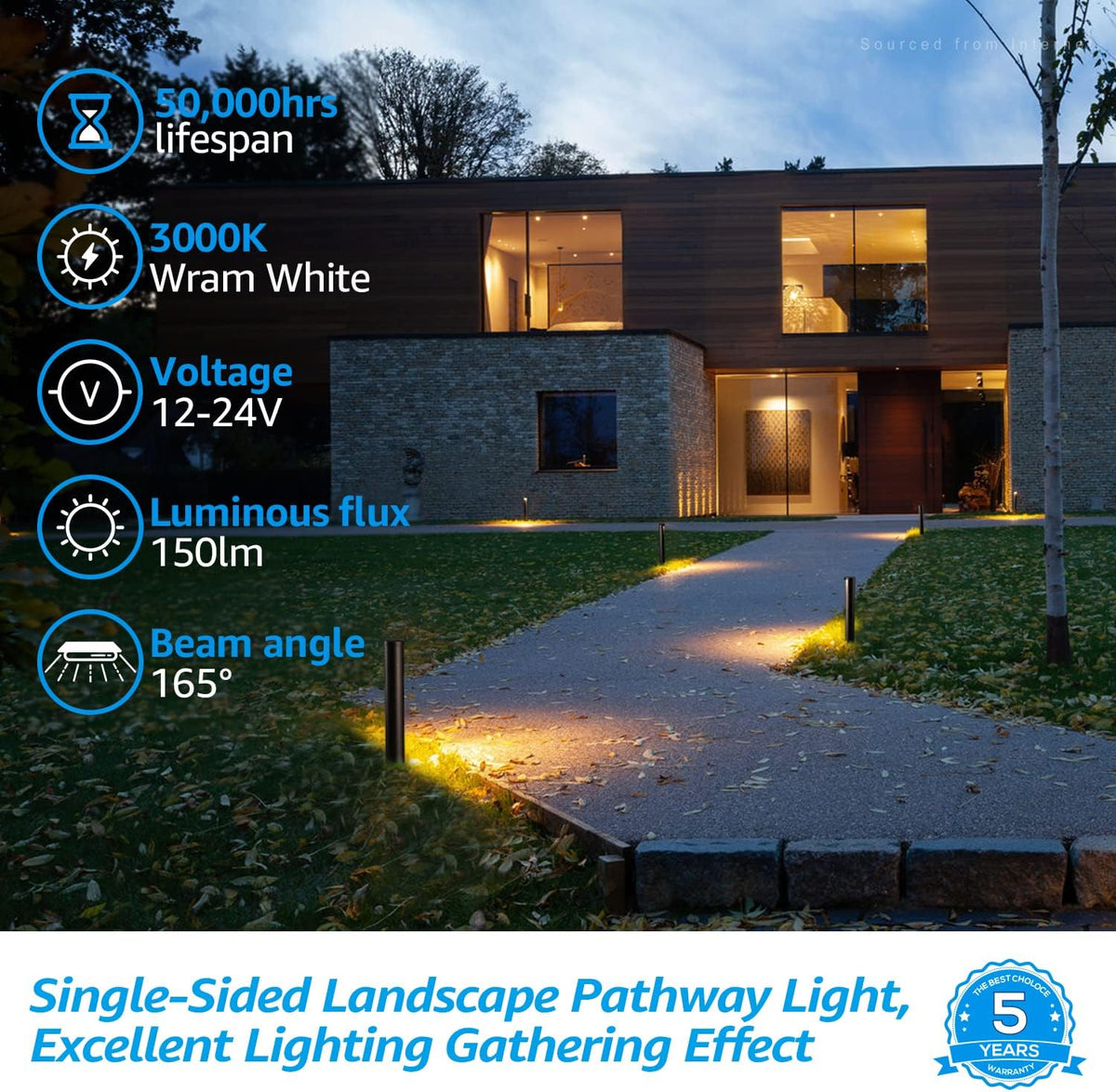 5W LED Landscape Pathway Light, 12-24V Low Voltage, IP65 Waterproof, Die-Casted Aluminum, 3000K Warm White, Pack of 6 W923185