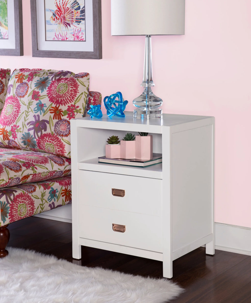 White 2-Drawer Side Table with Shelf U2000