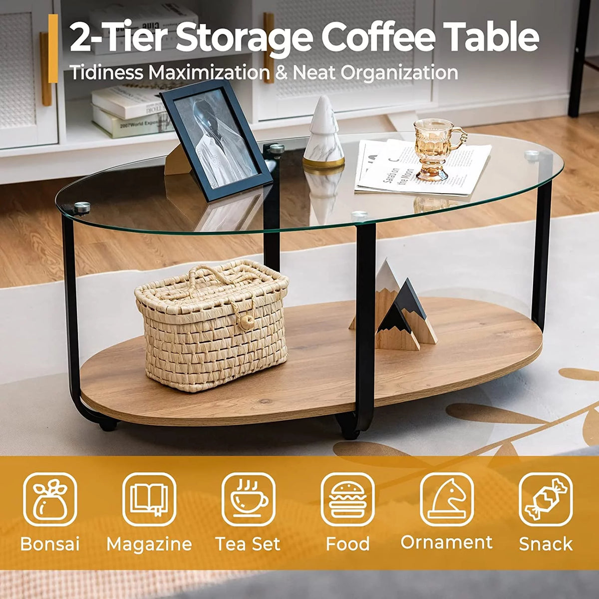 Oval 2 Tier Glass Coffee Table with Wooden Shelf V263