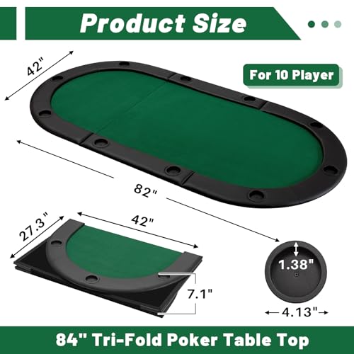 84" Tri Fold Folding Poker Padded Table Top with 10 Cupholders Green C70948