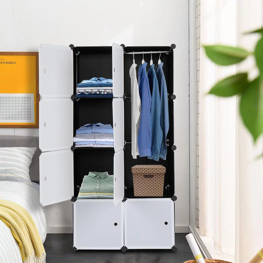 Portable Wardrobe Closet, 8-Cube Clothes Storage Organizer with Door & Hanging Rod, Black V461
