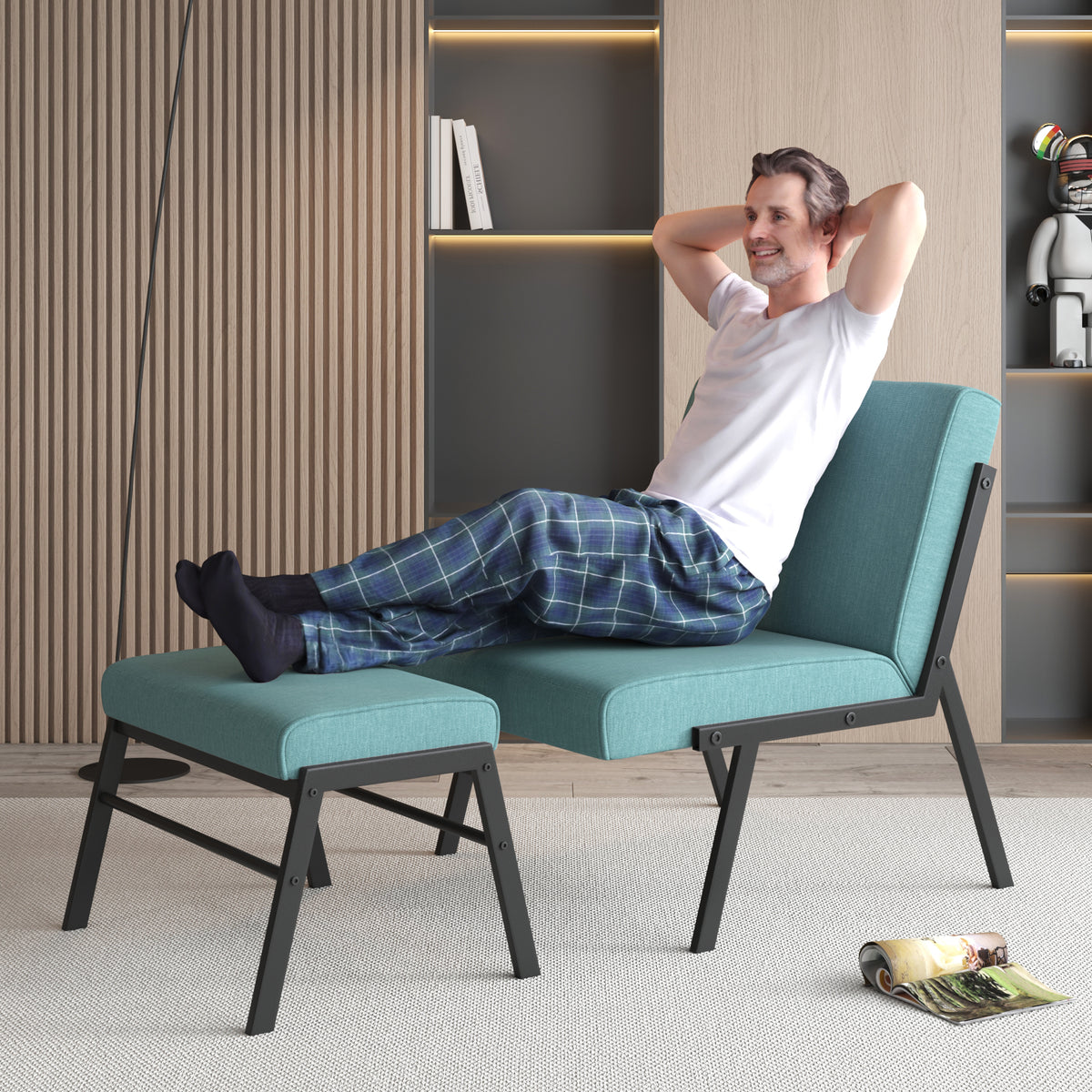 Green Linen Fabric Accent Chair with Ottoman Set V2843