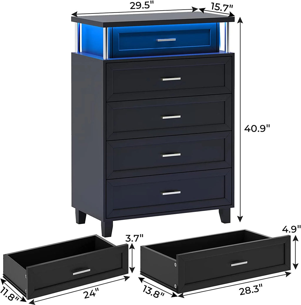 Black 5 Drawers Wood Dresser with LED Light X8411