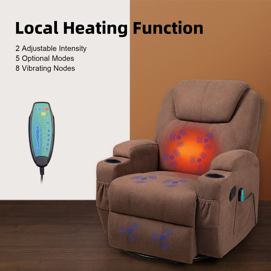 Brown Fabric Swivel Rocker Recliner with Massage and Heat X800