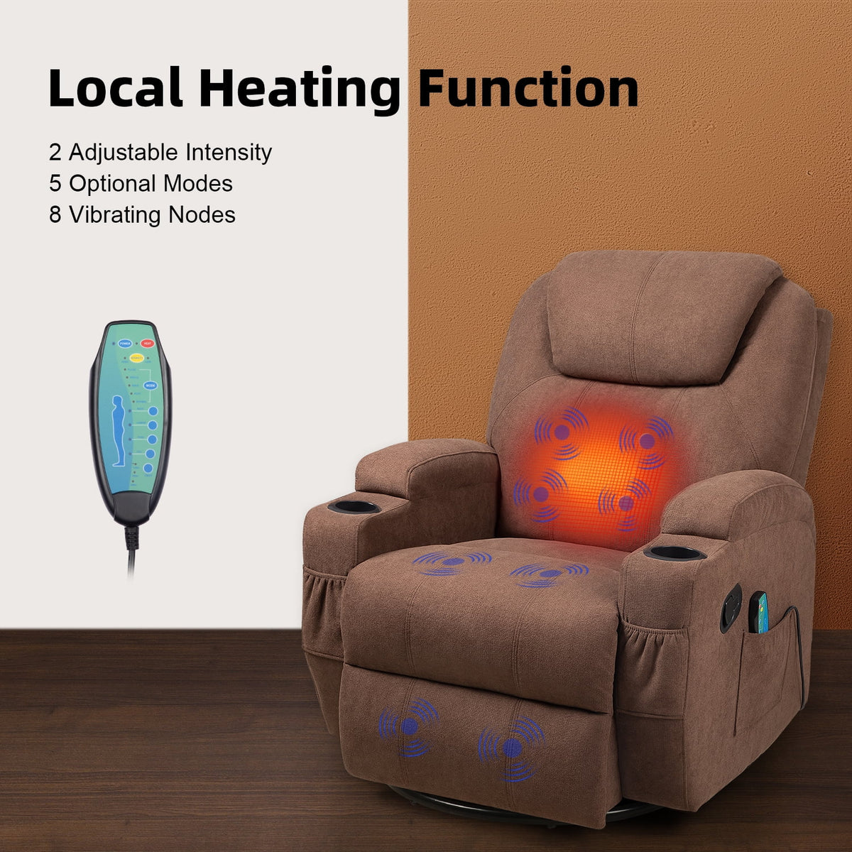 Brown Fabric Swivel Rocker Recliner with Massage and Heat X800