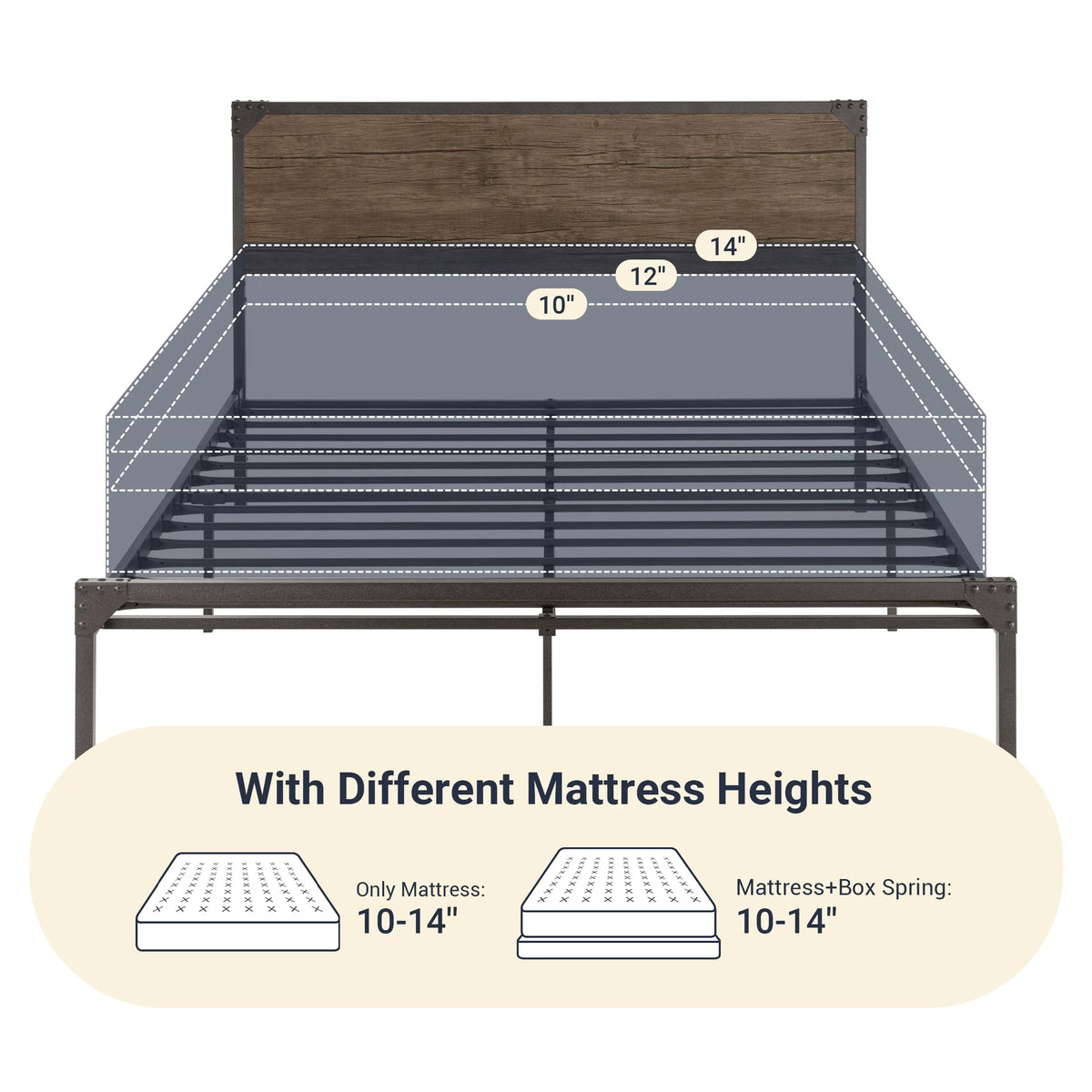 Queen Size Brown Metal Platform Bed Frame with Wooden Headboard M7191