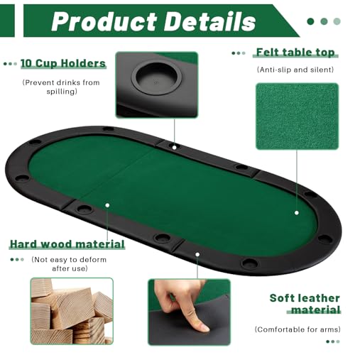84" Tri Fold Folding Poker Padded Table Top with 10 Cupholders Green C70948