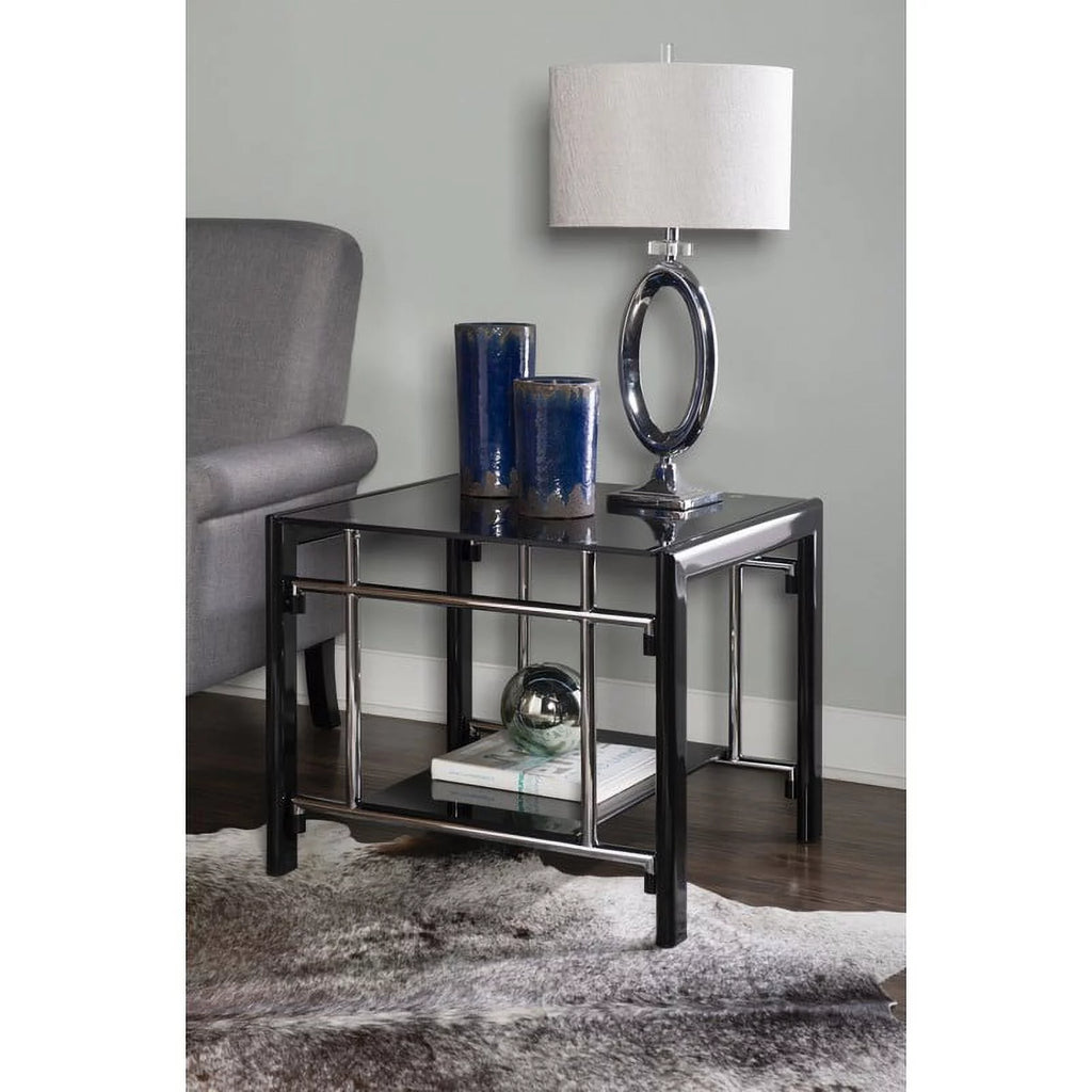 Black Glass and Metal End Table Set, 2 Pieces J404