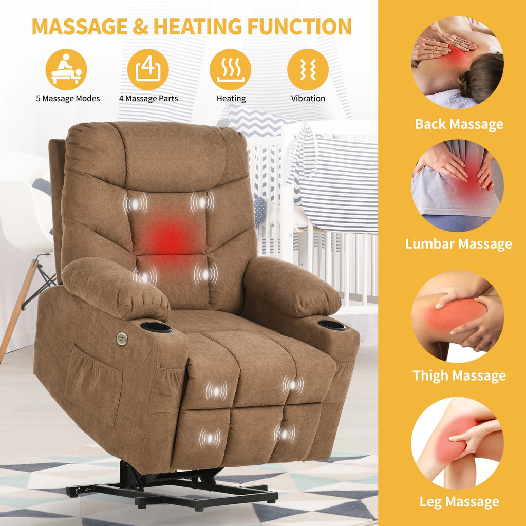 Brown Fabric Power Lift Recliner Chair with Massage and Heat M78488