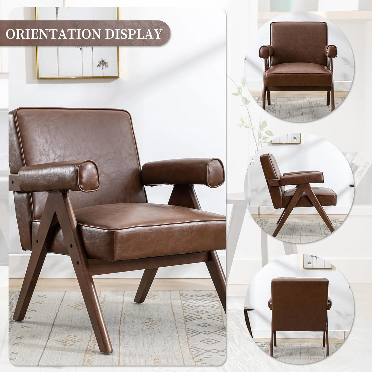 Brown PU Leather Accent Chair with Wood Armrest G1599
