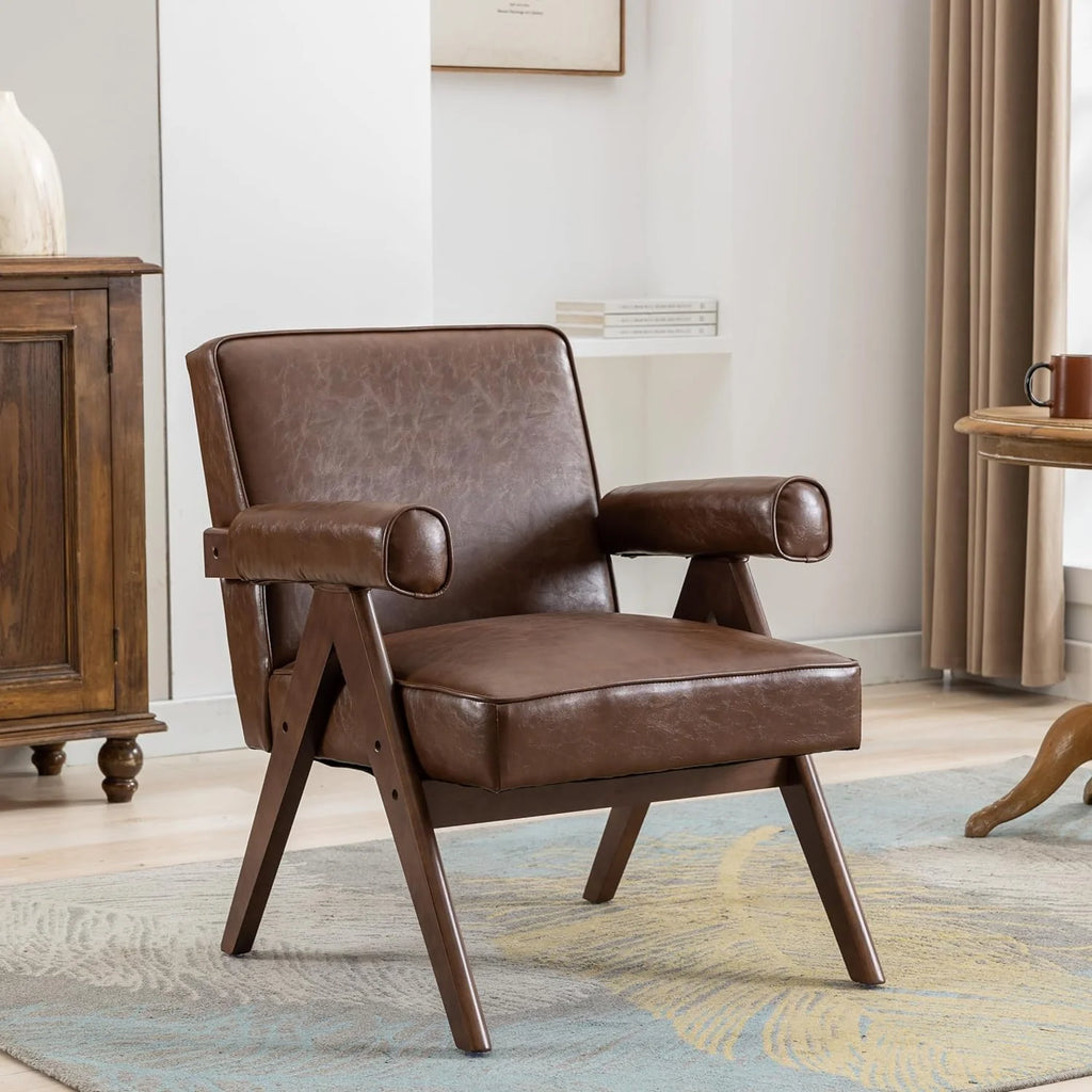 Brown PU Leather Accent Chair with Wood Armrest G1599
