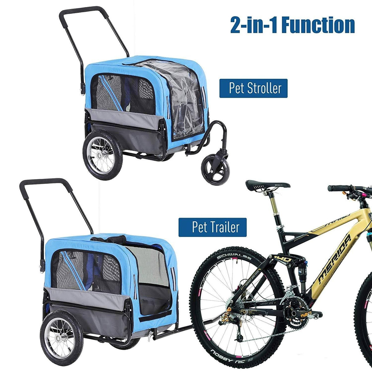 2-in-1 Dog Pet Bicycle Trailer Stroller with Swivel Wheel D359