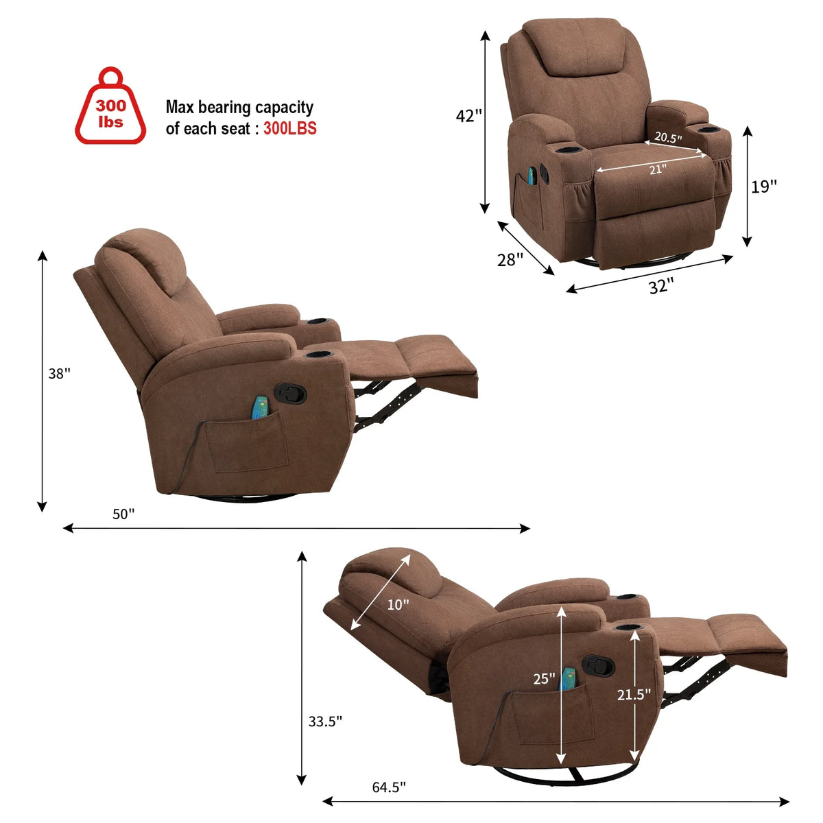 Brown Fabric Swivel Rocker Recliner with Massage and Heat X800