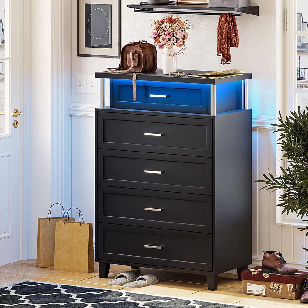 Black 5 Drawers Wood Dresser with LED Light X8411