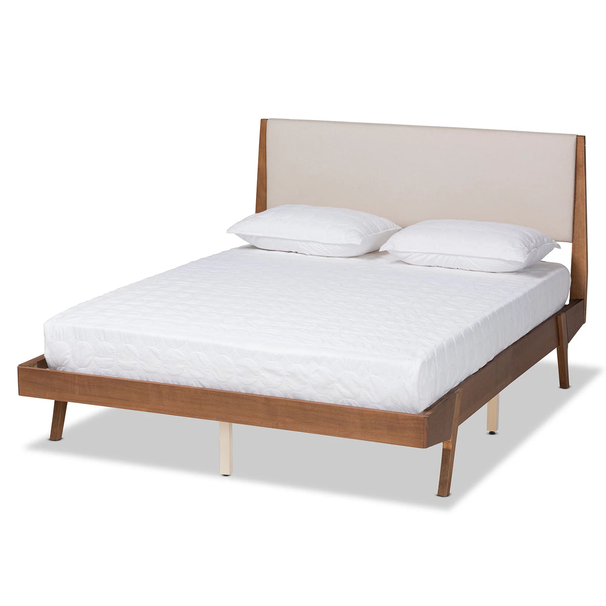 Beige Fabric Upholstered Walnut Brown Wood Queen Size Platform Bed L6247