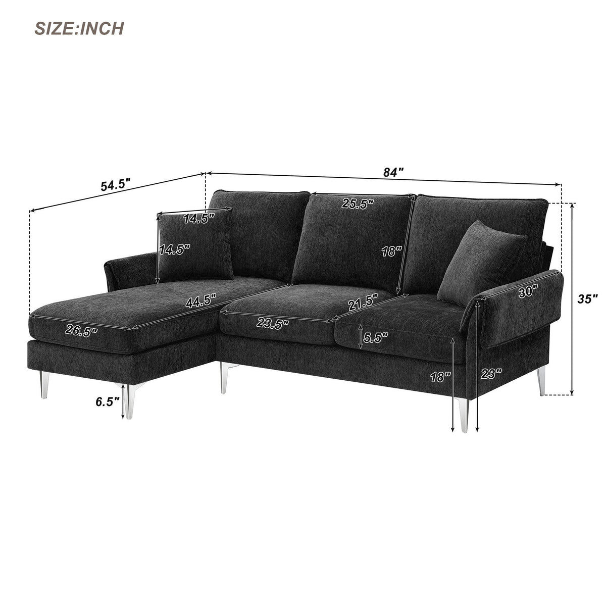 84" L-Shaped Black Sofa with Reversible Chaise K939