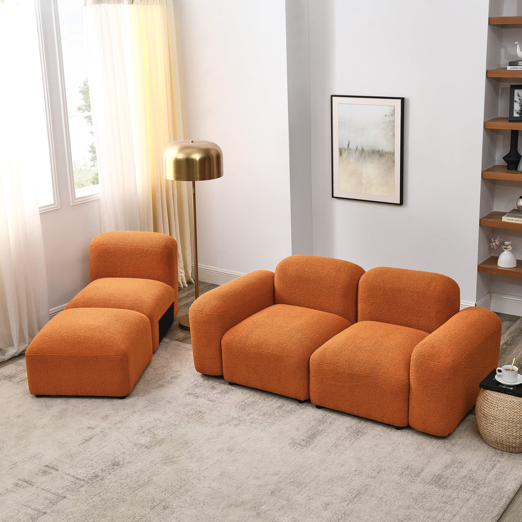 L-Shape Modular Sectional Sofa with 2 Pillows Teddy Fabric Orange M92492
