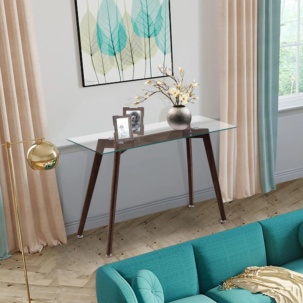 Glass Console Table with Solid Wood Legs H9598