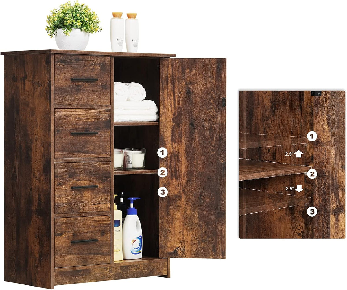 Rustic Brown Bathroom Storage Cabinet with 4 Drawers and Adjustable Shelf T83647
