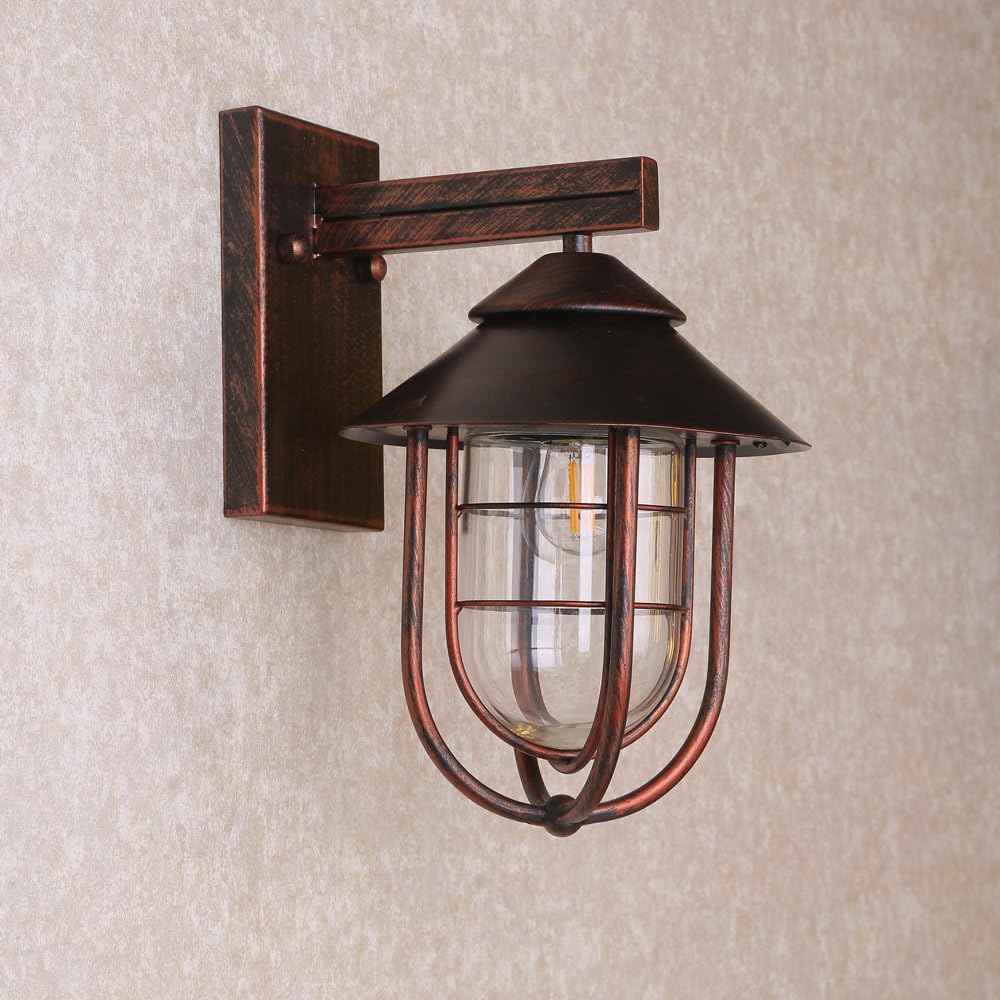 1-Light Metal Cage Clear Glass Wall Light in Antique Copper K42186