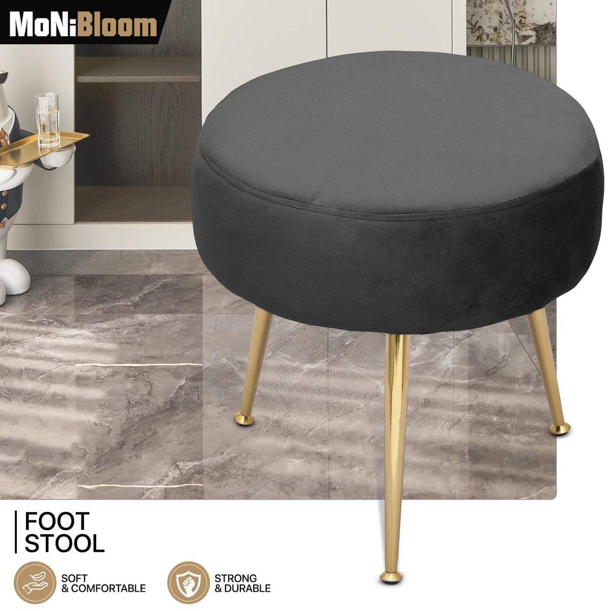 Black Velvet Round Ottoman with Metal Legs L903